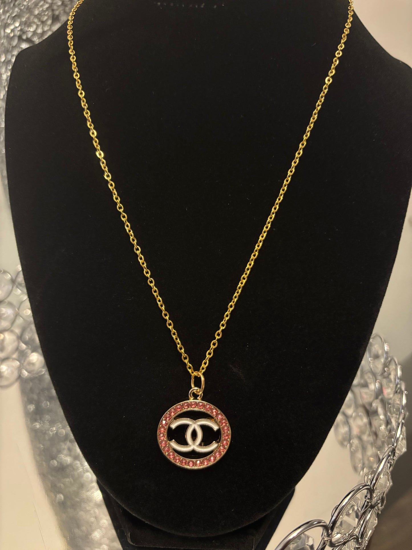 Chanel pink & white pendant with chain